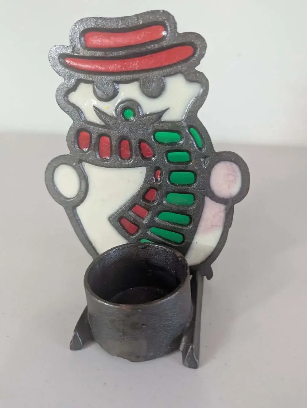 Vintage Snowman Stained Glass Style Christmas Tealight Candle Holder Holiday Dec